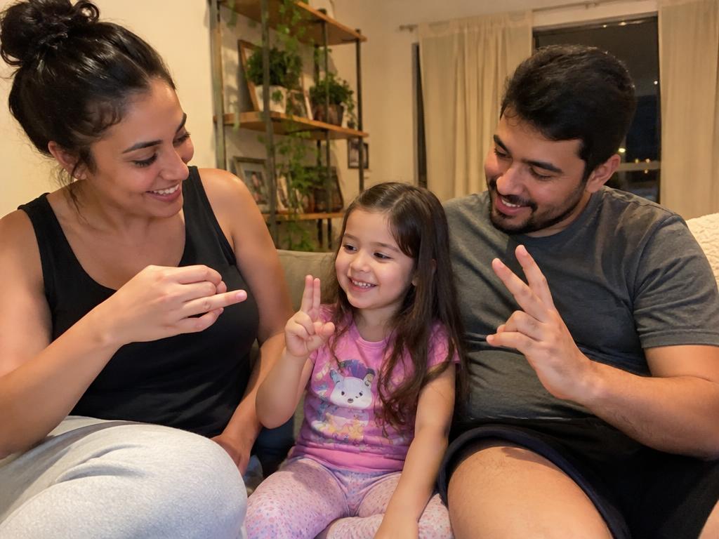 Mãe e pai ensinando sinais de Libras para a filha no sofá de casa